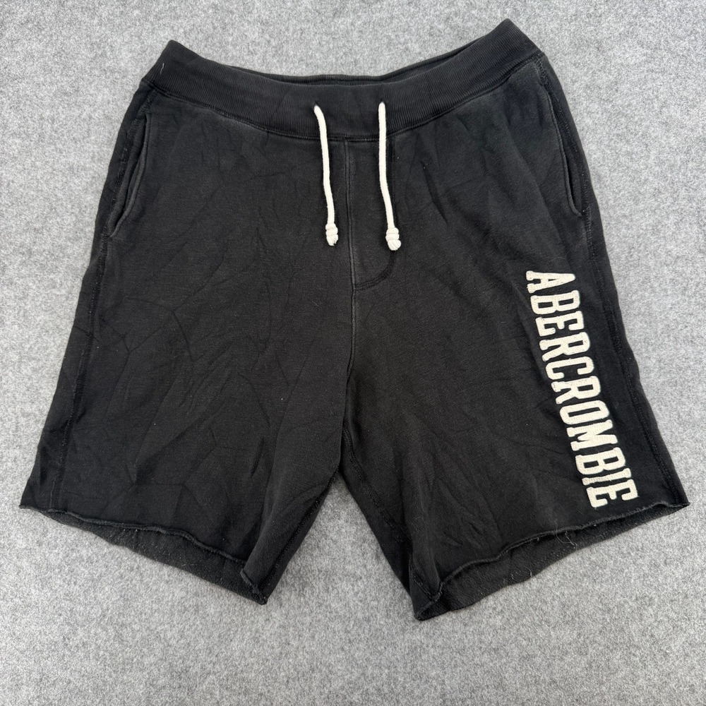 VTG Abercrombie & Fitch Shorts Mens S Sweat Shorts Black Logo Raw Hem EUC